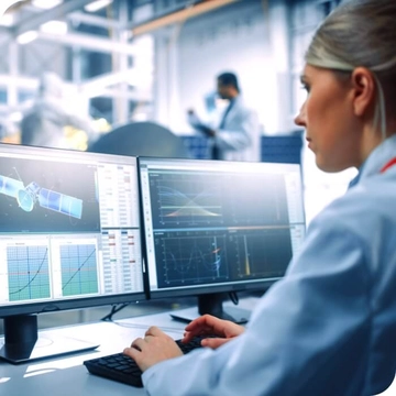 female worker looking at computer screens, monitoring a satelite