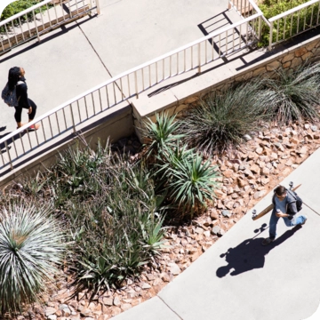 aerial view of students walking on campus